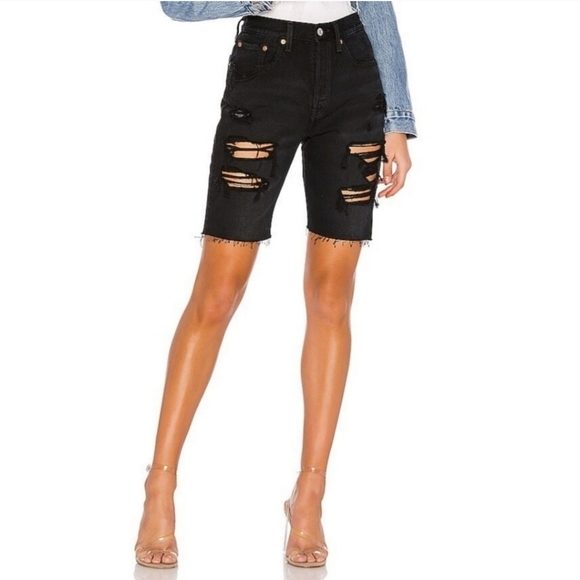Free People X Levi's Black 501 High Rise Distressed Slouch Denim Jorts Shorts - Picture 3 of 11